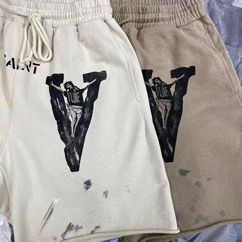 Apricot Khaki Saint Shorts Men Woman Hip Hop Heavy Fabric Vintage High Street Graffiti Good Quality Joggers