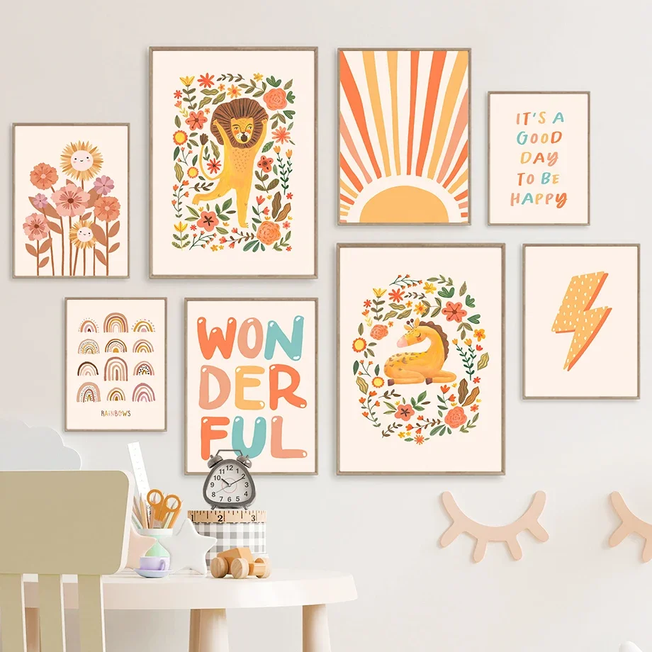 

Cartoon Lion Giraffe Sun Rainbow Flower Cloud Wall Art Canvas Painting Nordic Posters And Prints Wall Pictures Kids Room Decor