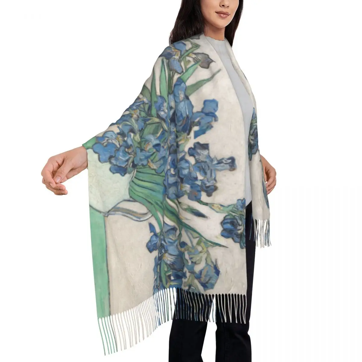 Vincent Van Gogh Irises Tassel Scarf Women Soft Art Painting Shawls Wraps Ladies Winter Scarves 4
