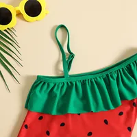 2024 Summer Toddler Girls Ruffles One Piece Swimwear Cartoon Watermelon Prints Beach Onesie Swimsuit Bikini Children Swimwear 5