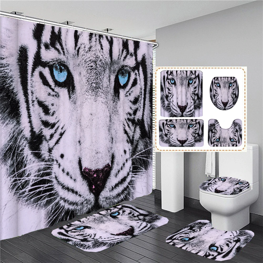 

180x180cm Tiger Patterned Shower Curtains Print Fabric Bathroom Curtain Set Toilet Lid Cover Anti-skid Rug Bath Mat Home Decor