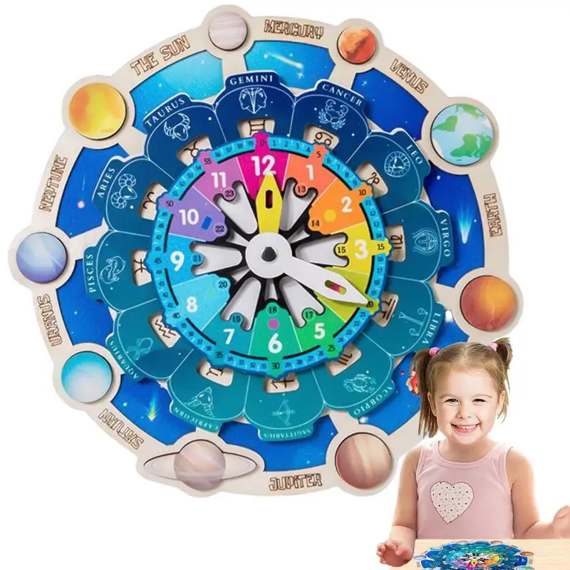 

Montessori Educational Wooden Clock Toy Clock Puzzles Matching Time Cognition Toy Planet Constellation Matching Board