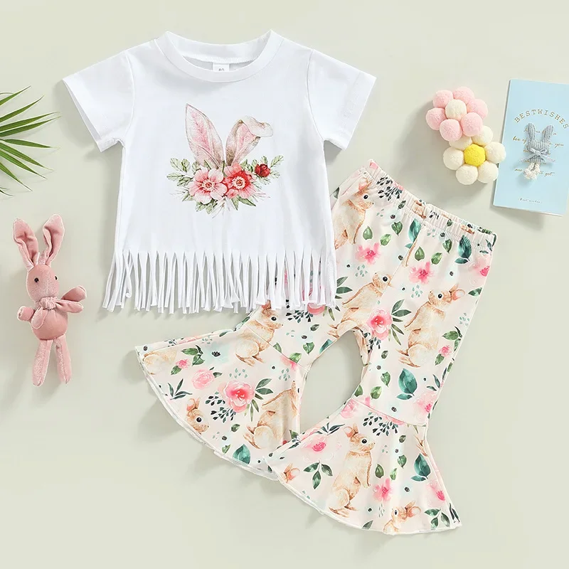 2025 European and American Summer Set, Girls' Easter Bunny Print Tassel Short Sleeved Trumpet Pants Two-piece Set
