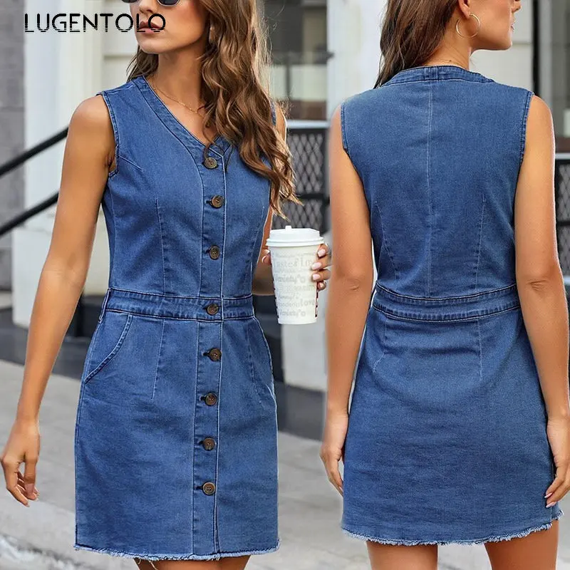 

Women Denim Dress Thin Sleeveless V-neck Summer Single-breasted Blue Lady Casual Fashion Simple Mini Dress