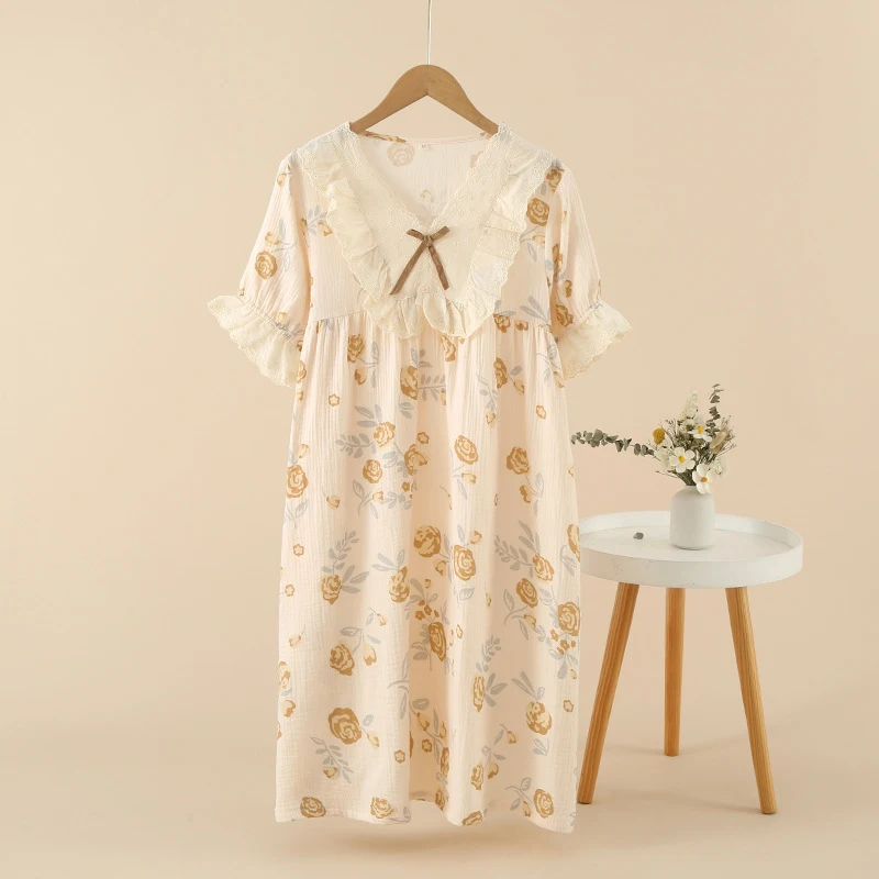 Summer Short Sleeved Nightgown For Women Korean New Casual Loose Ladies Home Nightdress Female Printed V-Neck Bow Thin Pajama