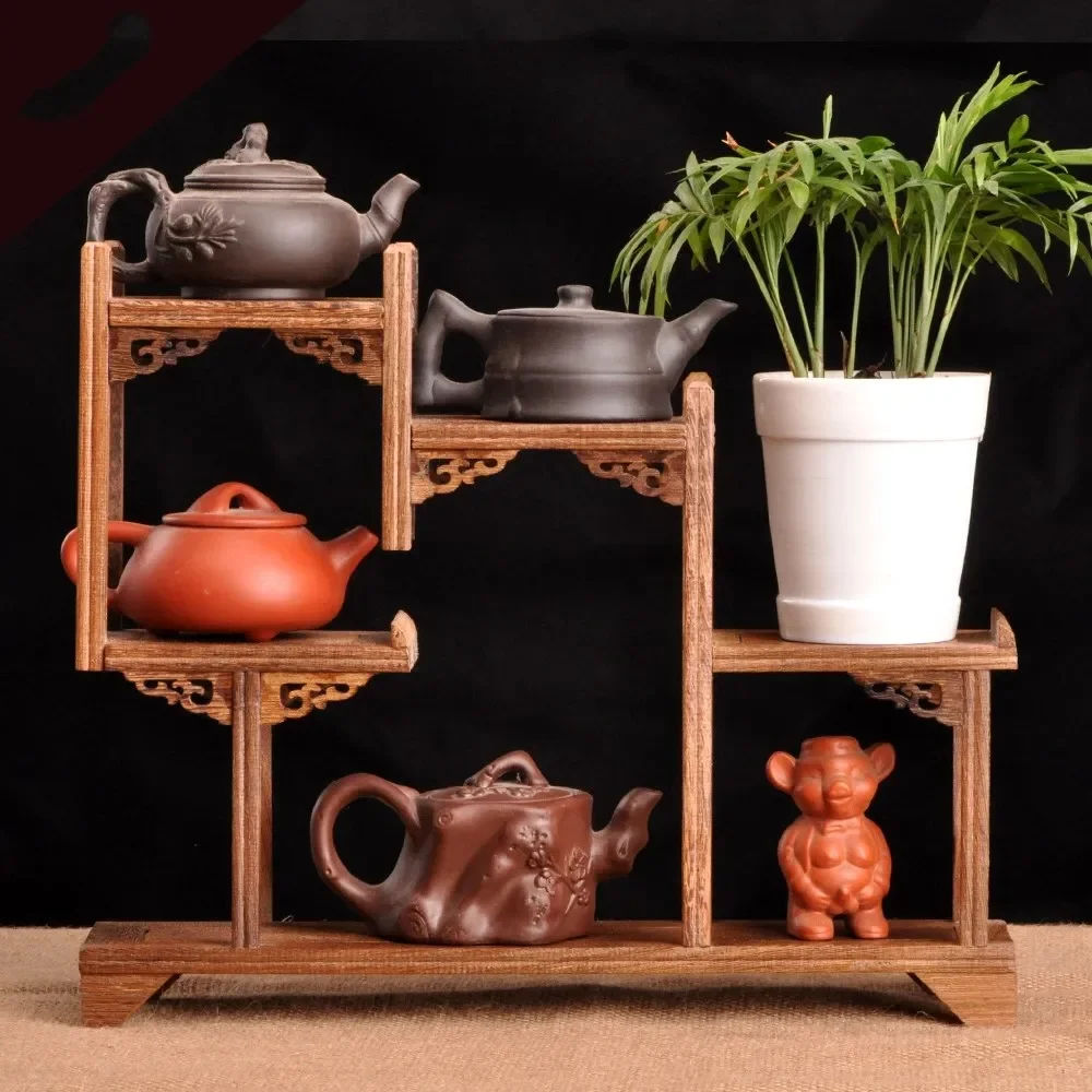 Chinese Kung Fu tea pot Crafts Display Holder Shelves Teapot Tea Set Wood carving Display Stand Decoration Home Tea Accessories 5