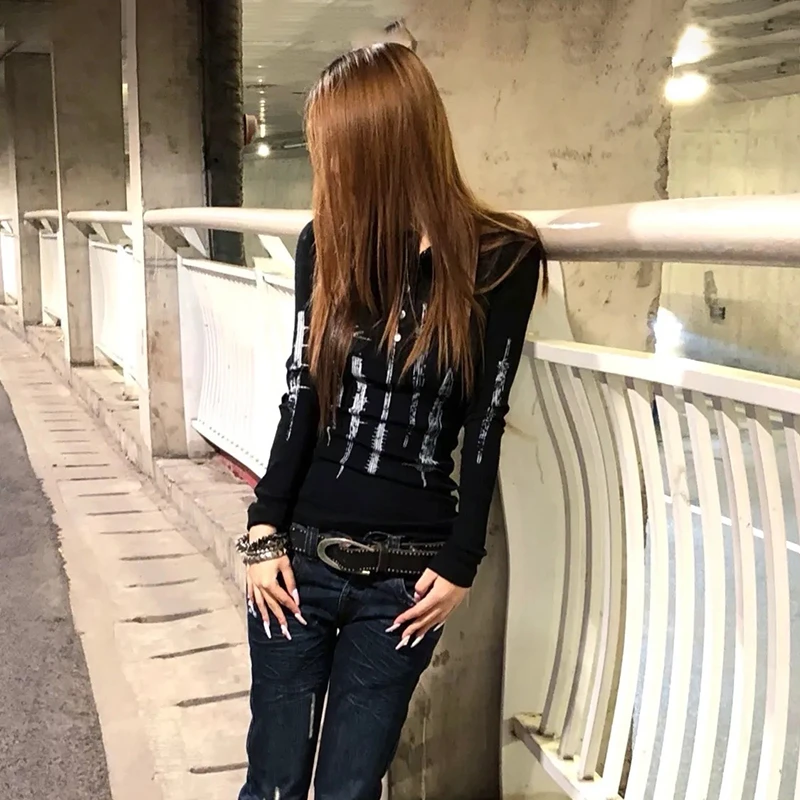 Karrcat Grunge Aesthetics Tattoo Print Knitted Tops Trashy Y2k Long Sleeve Knit T-shirt Vintage Gothic Button Top American Retro 3