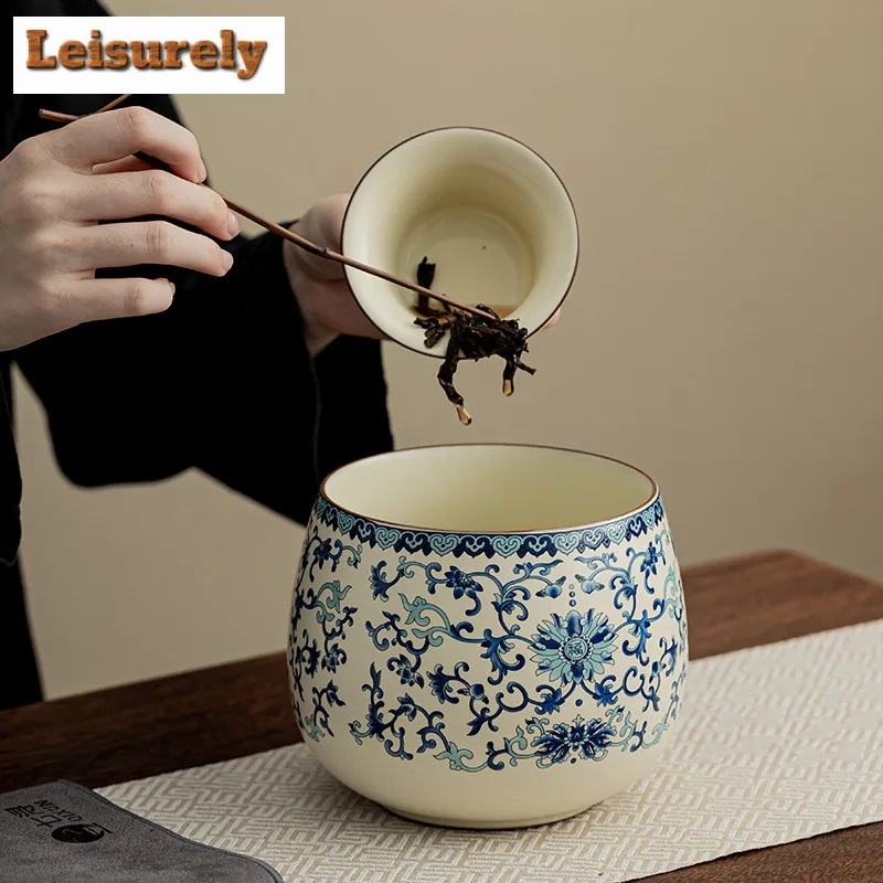 1500ML Ru Kiln Blue And White Ceramic Jianshui Tea Washing Basin Tea Garbage Can Tea Dust Cylinder Barrel Chaxi Bowl Ornaments