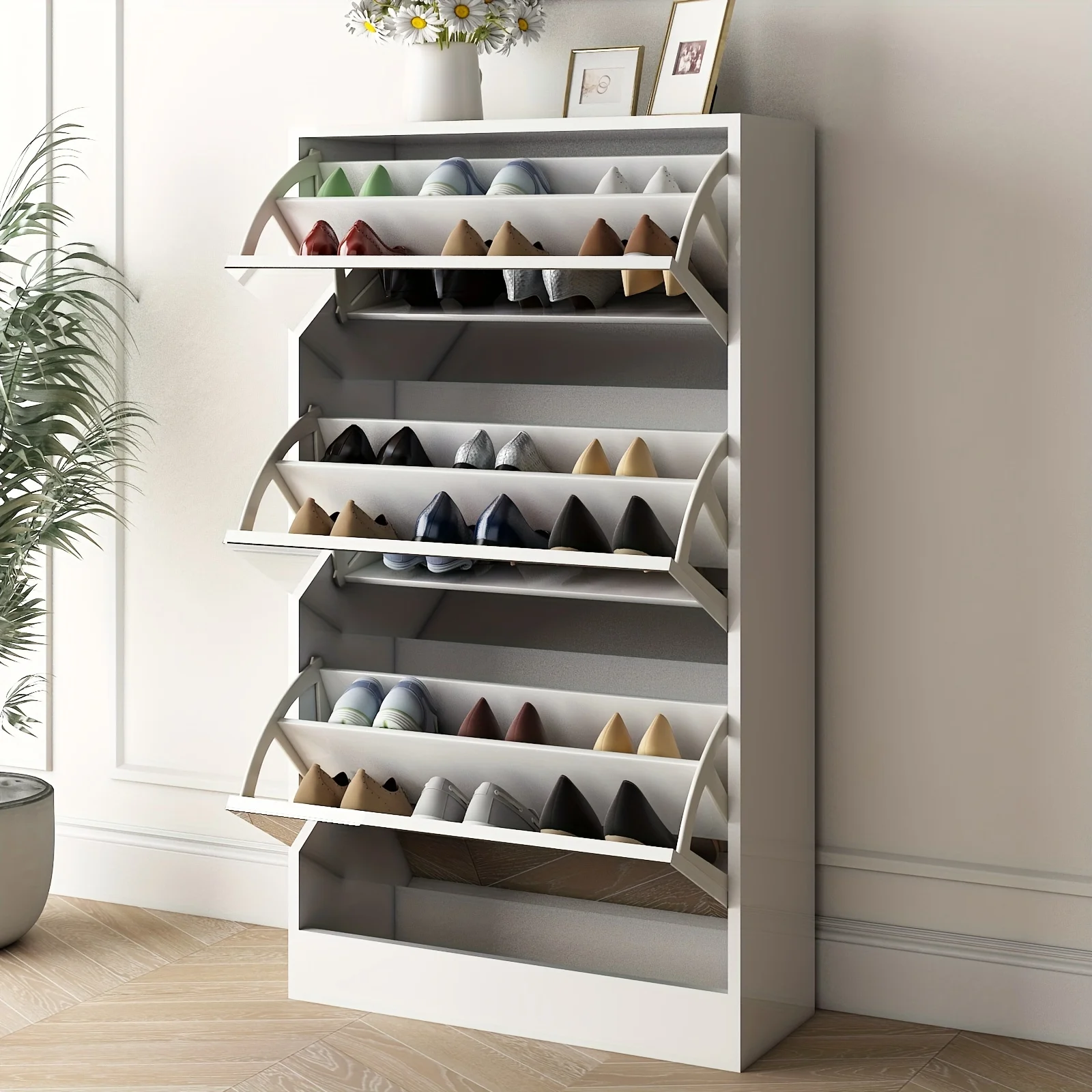 

1pc Slim Mirrored Shoe Cabinet, White Wooden 3-Tier Shoe Rack, Modern Home And Apartment Storage Organizer, 41.73x23.62 Inches,