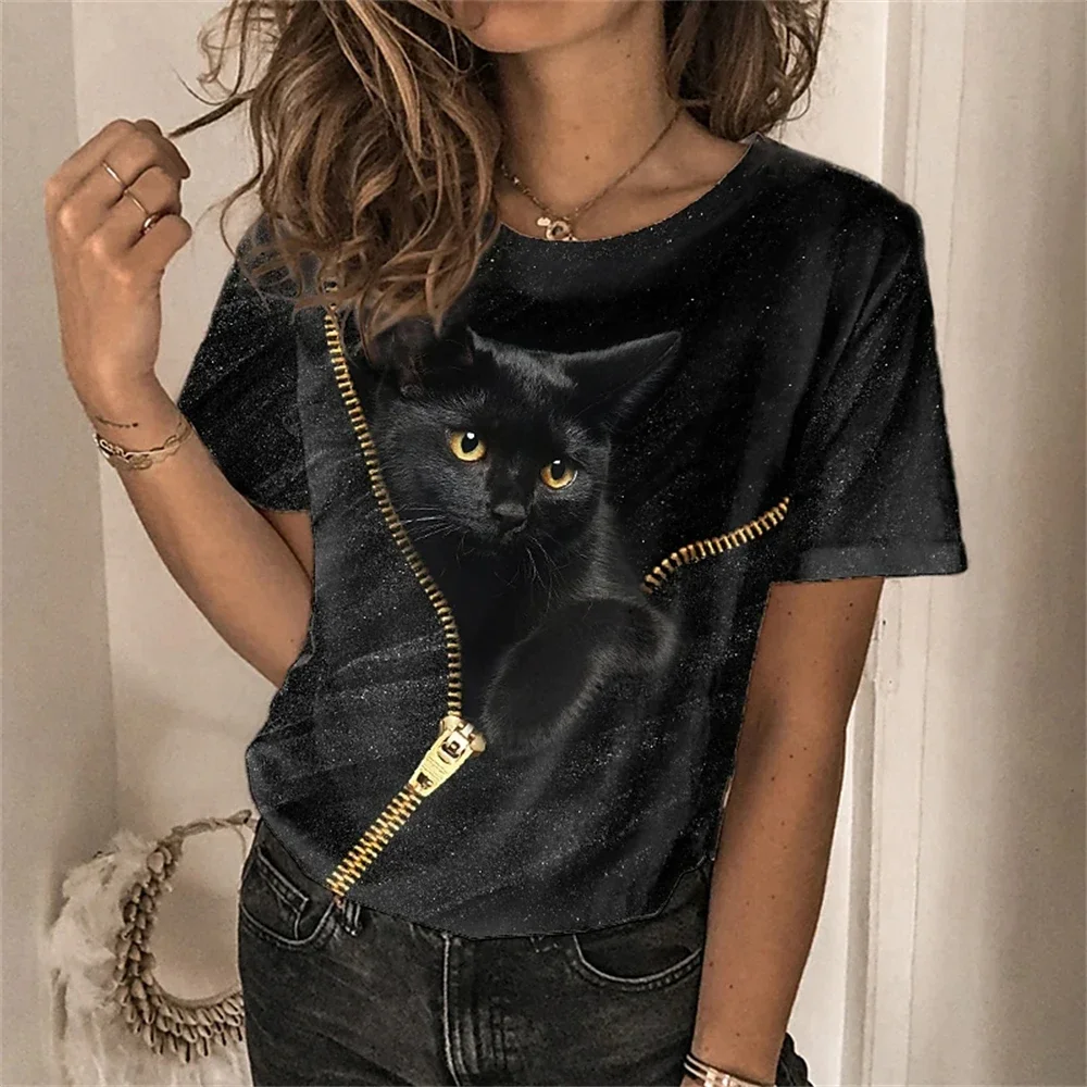 

2024 Independence Station Women's Short-sleeved T-shirt Cute Cat 3D Flower Printing European and American Women's Wear