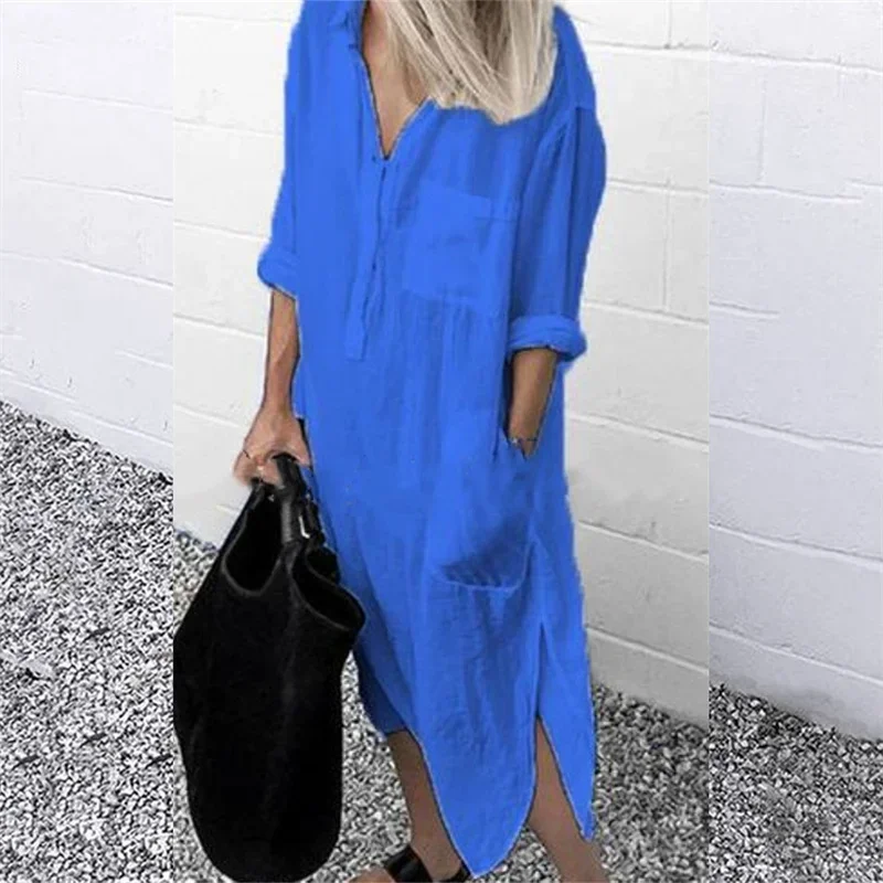Women Elegant Cotton Linen Solid Color Dresses Summer Comfortable Female Casual Commuter Dress Multi-pocket Split Hem Loose Gown