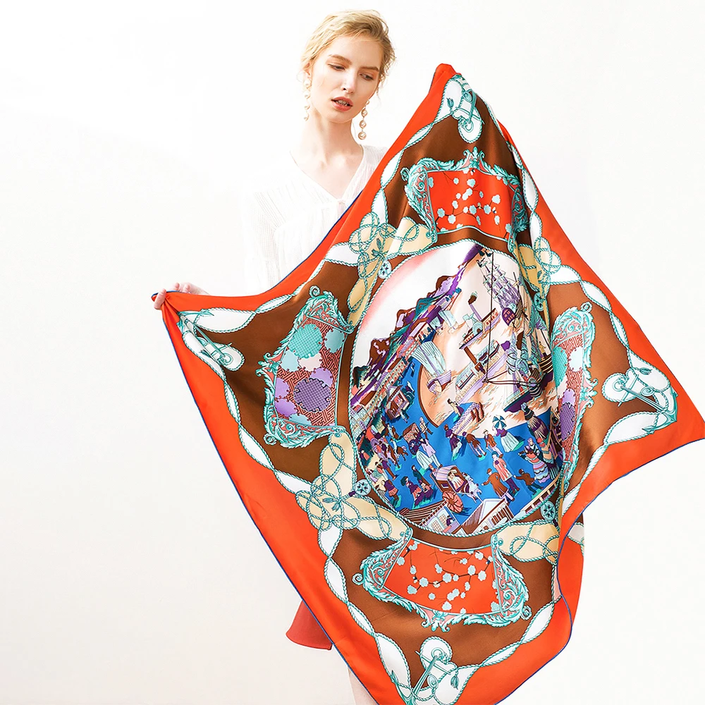 100% Mulberry Silk Anemone And Brown Acorn Print Women Scarf