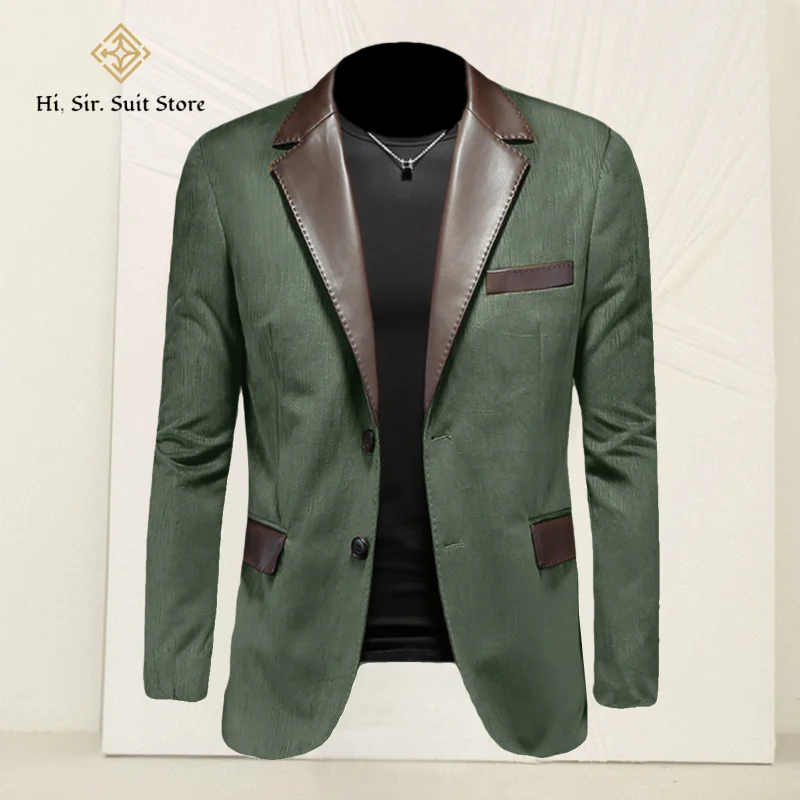 Hot Mens Blazer Jacket Faux Leather Suit Jacket Casual 2 Buttons Suede Sport Blazer Patchwork Leather Collar Coat Business Party
