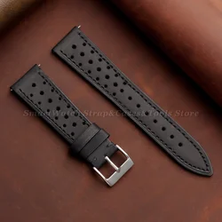 Vintage Racing Leather Watch Band with Handmade Stitching and Quick Release - 18mm (Black)