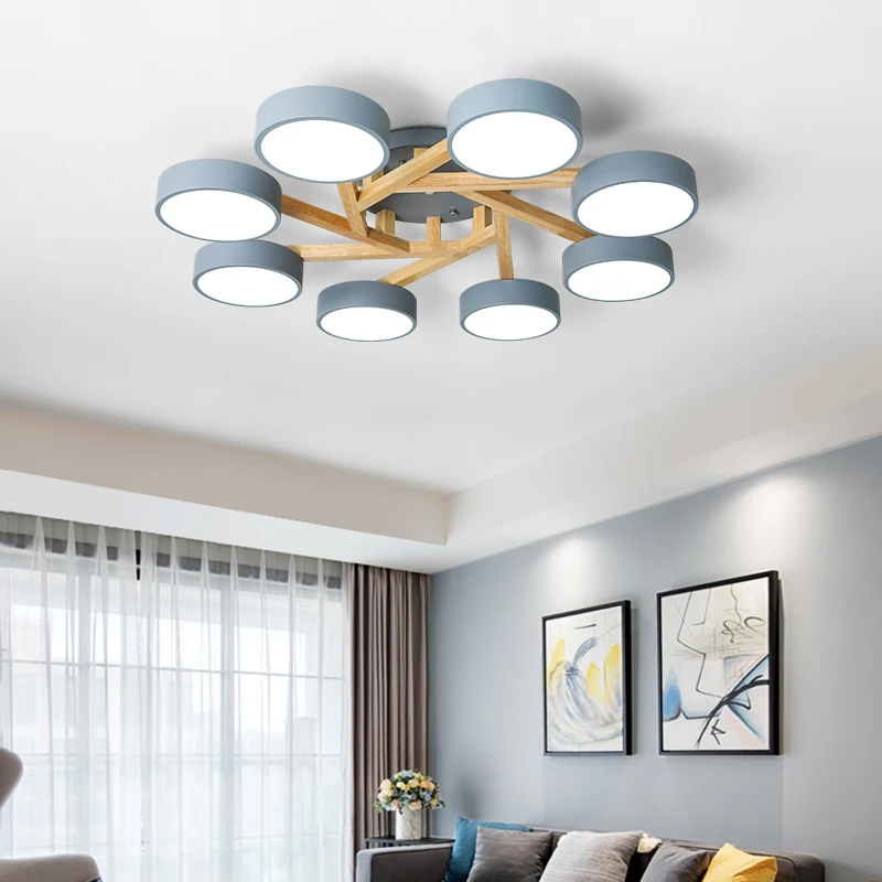 

Nordic Style Living Room Led Chandeliers Simple Modern Macaron Ceiling Lamps Creative Warm Bedroom Lamp Solid Wood Light Fixture