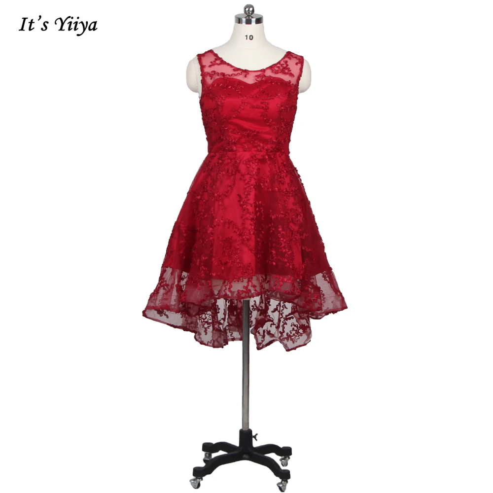 

It's Yiiya Prom Dress Burgundy illusion O-neck Sleeveless Zipper Back A-line Knee-Length Plus size Woman Party Dresses ZP017