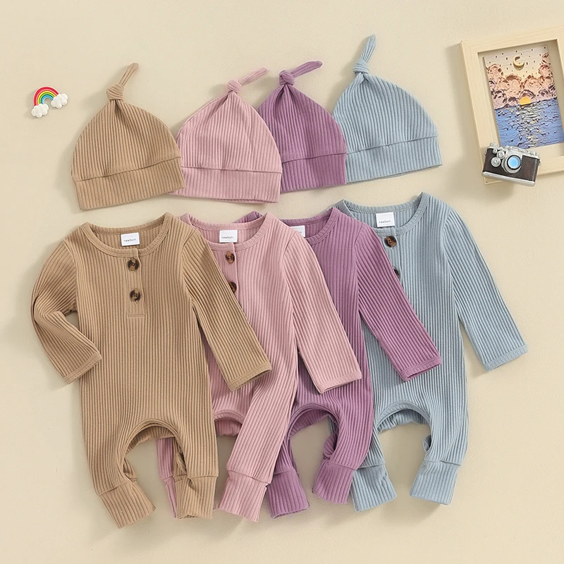 

0-6Months Newborn Baby Jumpsuit with Hats Sets Infant Girls Boys Long Sleeve Crew Neck Solid Color Ribbed Button Rompers Outfits