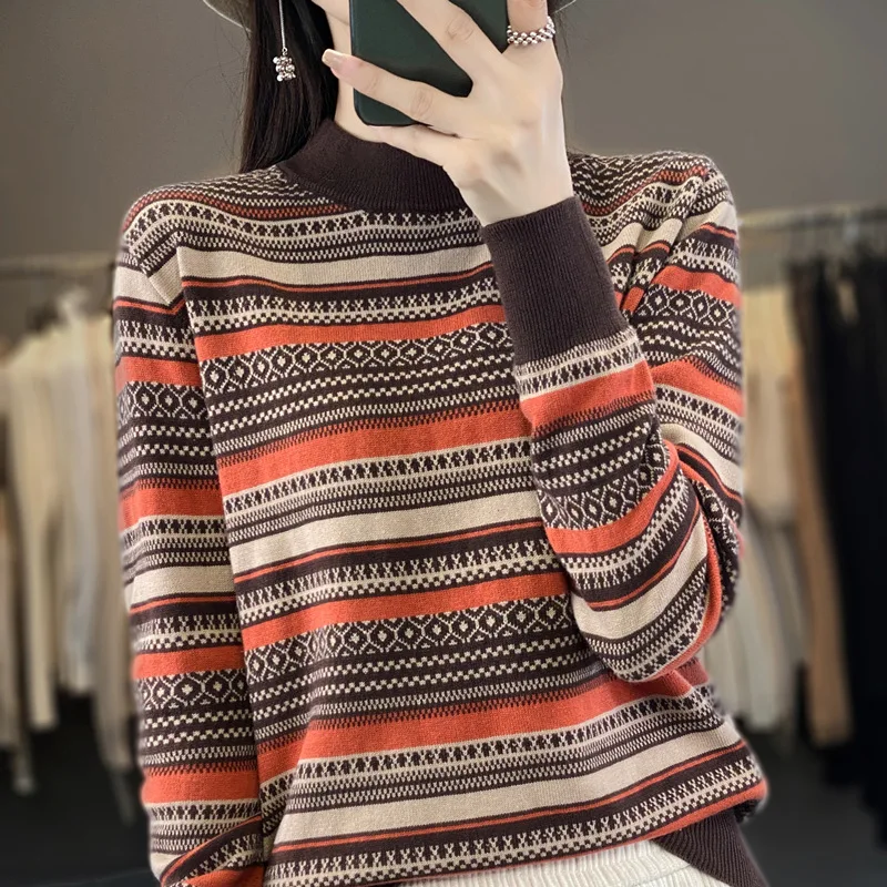 

Autumn Winter New Ethnic Style Women Pullover Knitted Jumper Striped Sweater Women Turtleneck Long Sleeve Oversized Sweater Tops