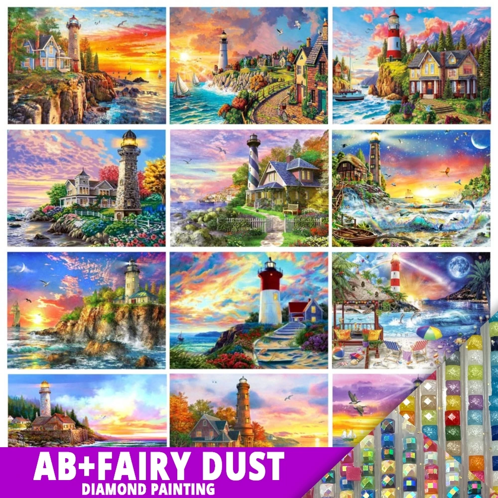 

AB Fairy Dust 5D DIY Diamond Painting Landscape Lighthouse Seaside Sunset Embroidery Set Mosaic Art Picture Home Decor