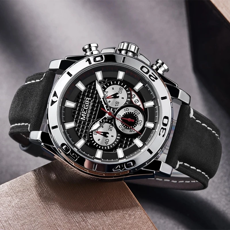 MEGIR New Sports Quartz Watch for Men Leather Waterproof Calendar Chronograph Watches Men Luminous Hands Clock Relogio Masculino