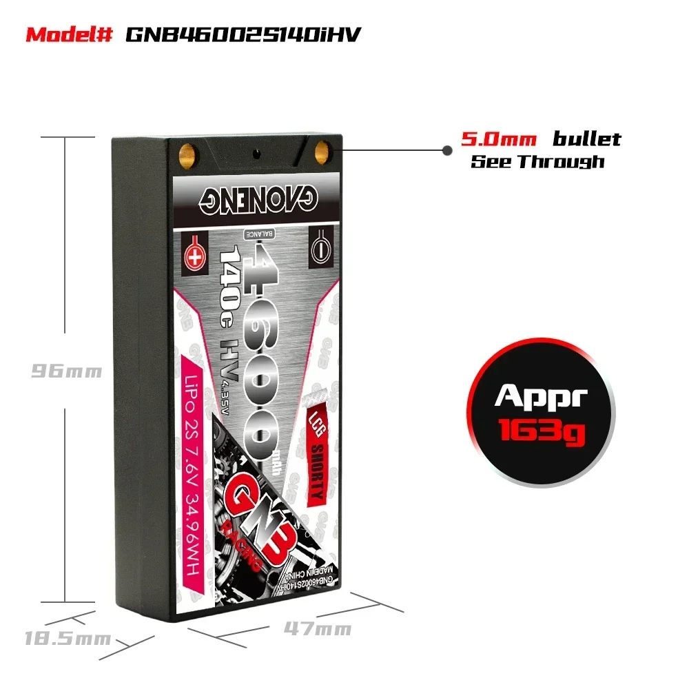Vue rapprochée des connecteurs XT60, EC5 et T Plug de la batterie LiPo 2S HV 4600mAh 140C