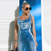 Oshoplive Polyester&Spandex U-Neck Letter Print Split-Joint Sleeveless Jumpsuit&Dress Women Fashion Hollow Out Skinny Jump Suit - Image 4