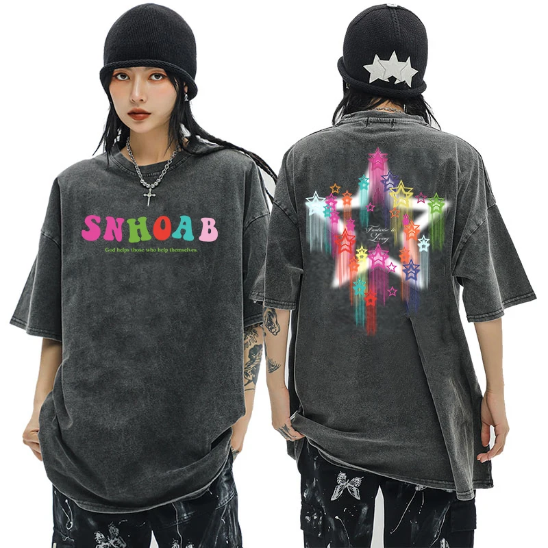 

Front and Back Printing 100% Cotton Acid Washed Vintage Short Sleeve T Shirt Streetwear HipHop Harajuku Oversized T Shirts