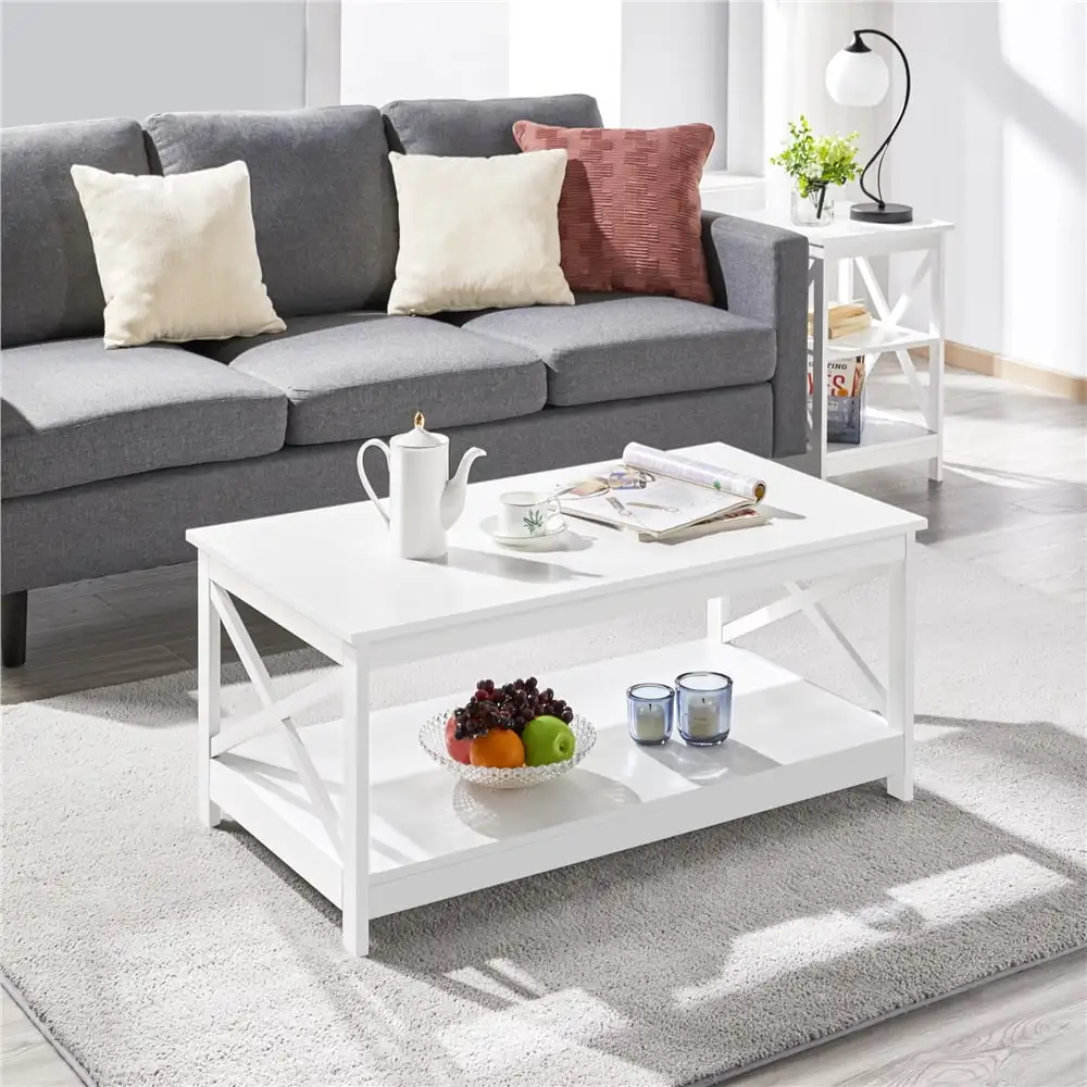 

Modern Wood X-Design Rectangle Coffee Table with Storage Shelf, White