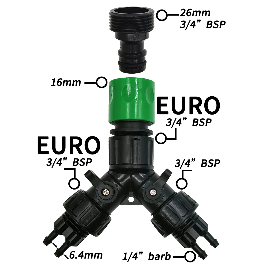WUJIE Tap Adapter 2-Way 4-Way Splitter Connector EURO USA 3/4'' to 1/4'' Pipe for Garden Watering Hose Drip Irrigation System 5