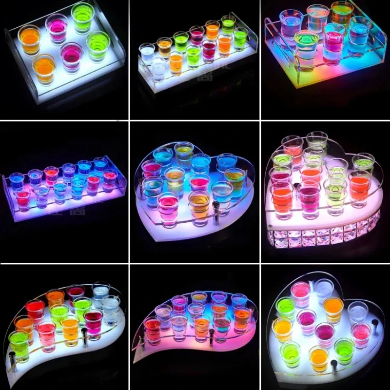 Luminous LED Shot Glass Display Stand Rechargeable Glowing Cup Holder Tray for Nightclubs Bars and KTV Cocktail Presentations