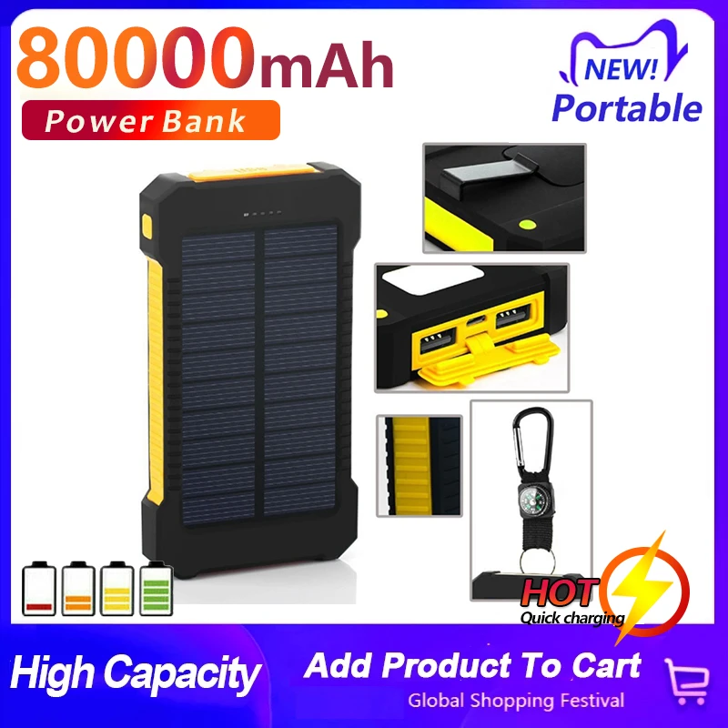 Solar Power Bank 80000mAh Portable Charger Digital Display Mobile Phone 2 USB Outdoor Travel Power Bank for IPhone Xiaomi power bank battery