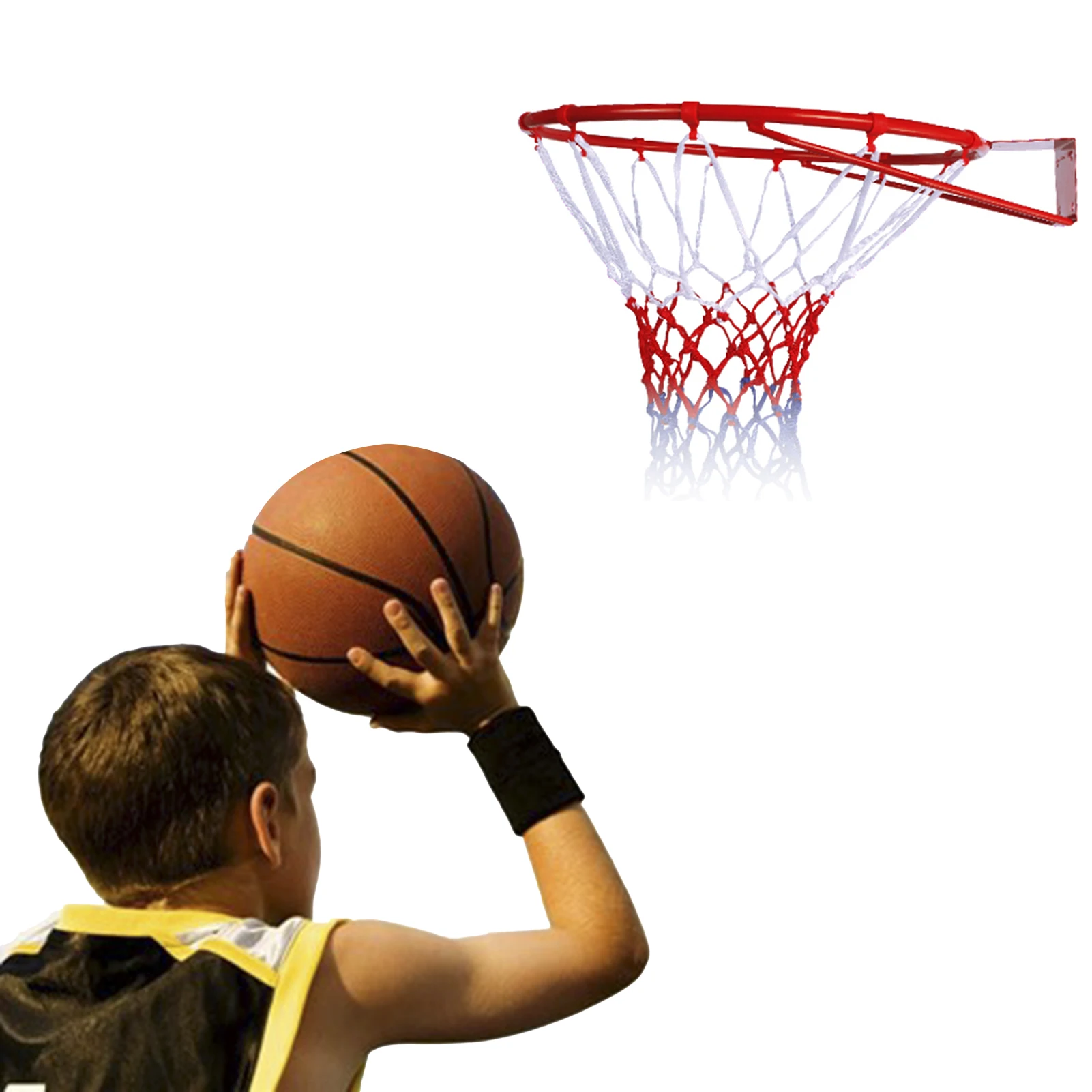 Canasta de baloncesto con aro y red de nailon, canasta de baloncesto  estándar Ø 46 cm, aro de baloncesto con estructura de acero, aro para  colgar para montaje en puerta y pared