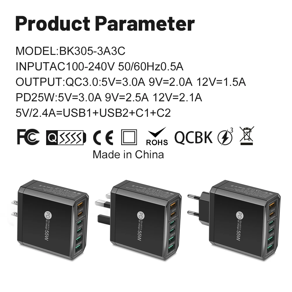 Total 55W 3PD 3USB Quick Charge 3.0 Travel Charger For iPhone Samsung Huawei Xiaomi Phone Charger