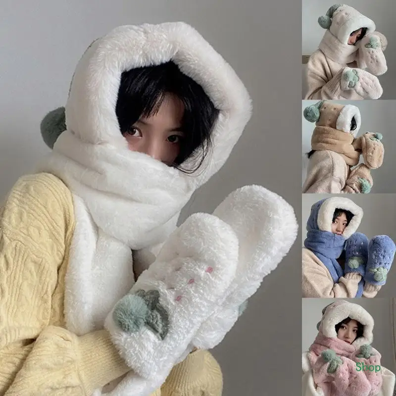 

Dropship One-piece Wrap Warm Plush Hat Scarf Gloves One-piece Women Winter Thickened Hat Scarf Gloves To Keep Warm