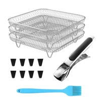 Stainless Steel Air Fryers Accessory Set 3 Tiers Stackable Dehydrator Racks with Clip and Brush Silicone Feet for Fryers 1