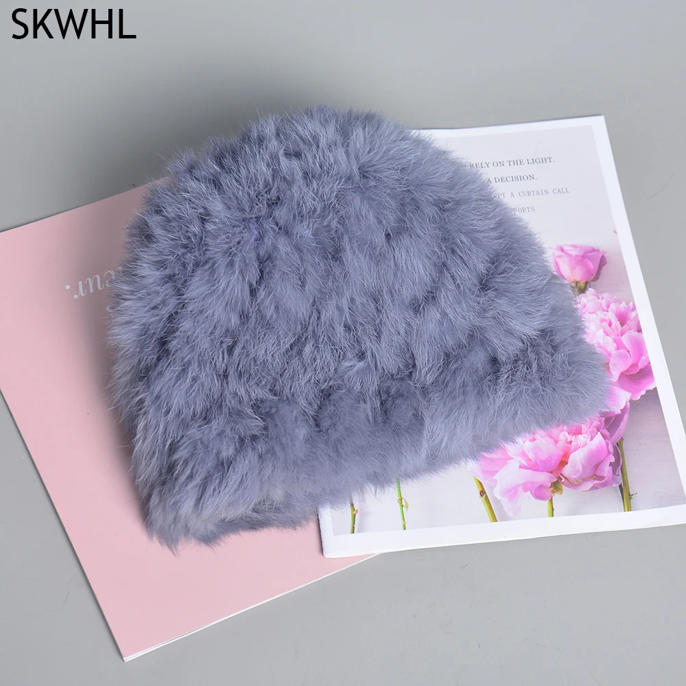Fur Hat Winter Hat Russian Women Knitted Real Rabbit Fur Bomber Hats Winter Lady Warm Fluffy