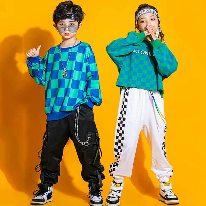

Girls Boys Jazz Costumes Kids Hip Hop Clothes Plaid Sweatshirt Jogger Pants Rave Kpop Outfit Stage Street Dance Wear SL7394
