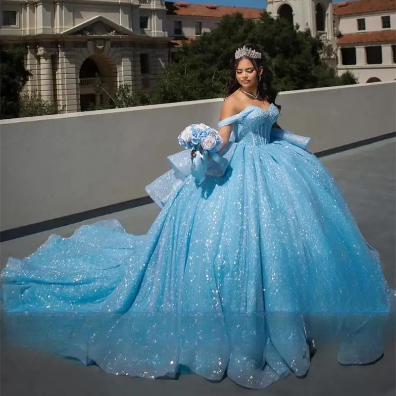 

Sky Blue Quinceanera Dress Glitter Appliques Beads Pearls Birthday Prom Sweet 16 Gown Vestidos De 15 Años Corset Gown
