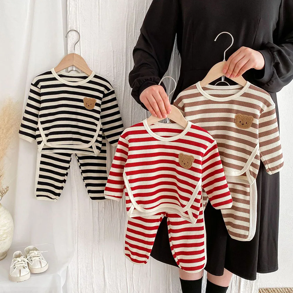 Autumn Kids Waffle Striped Hoodies Casual Outfit