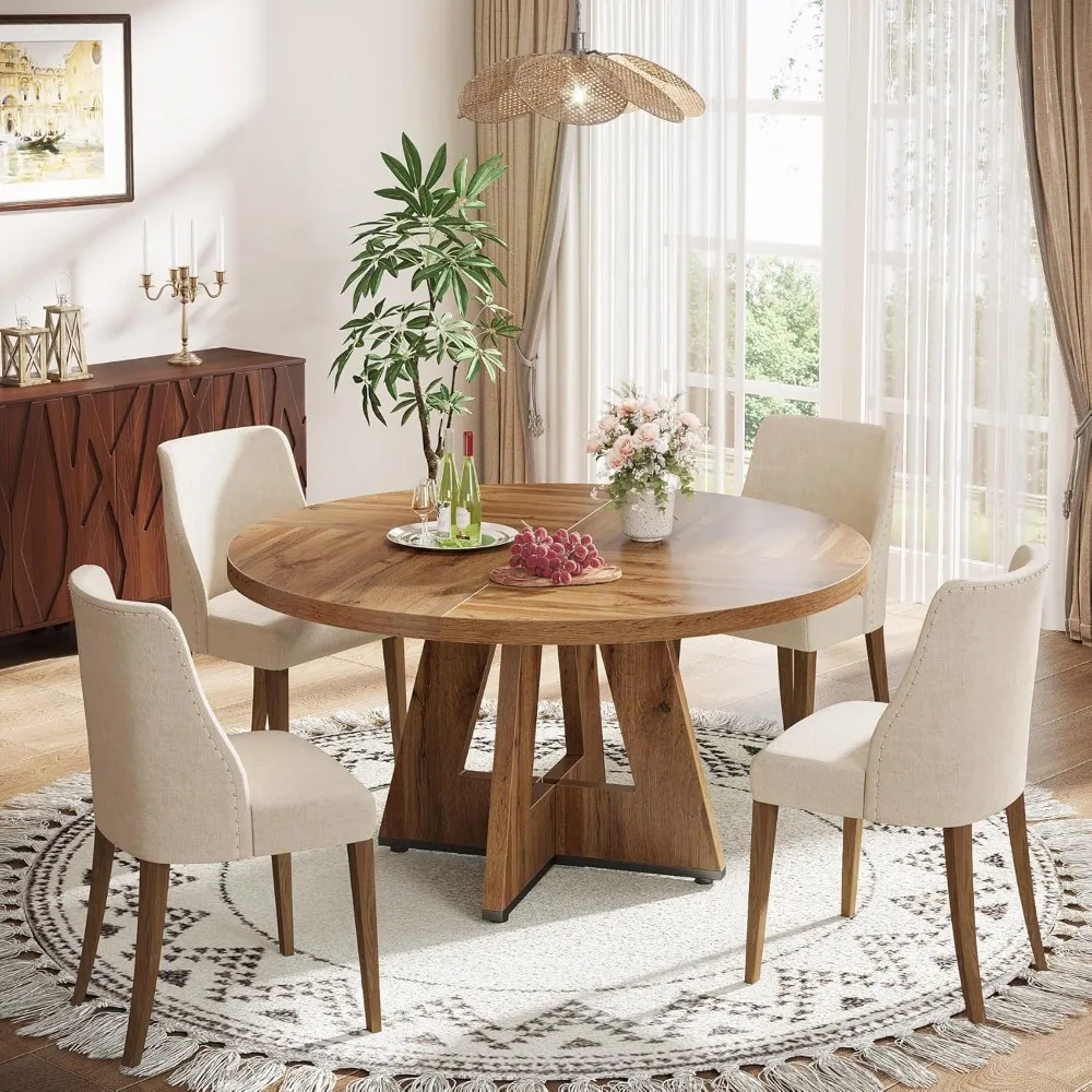 Farmhouse Dining Table, 47 Inch Round Dinner Table for 4, Rustic Round Dining Room Table for Home Dining Room Living Room 4