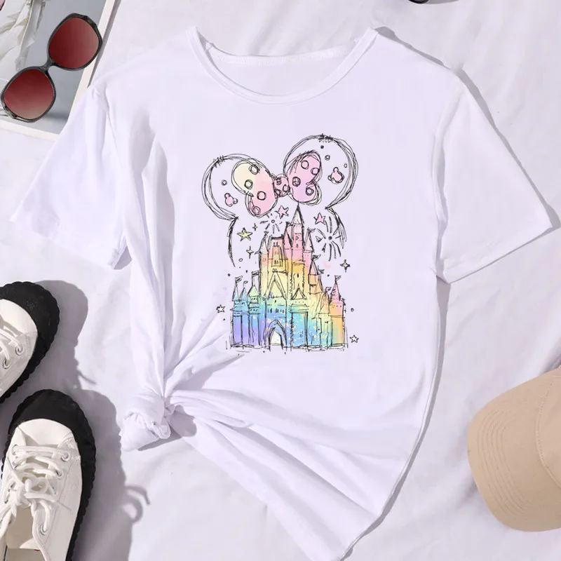 

Disney Micky Mouse Ear Dreamy Watercolor Castle Print Women T Shirt Summer Short Sleeve Casual Streetwear Tops Female Clothing