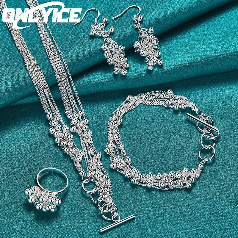 

New 925 Sterling Silver Jewelry Set For Women Smooth Grapes Bead Necklace Bracelet Ring Earring Fashion Charm Party Wedding Gift