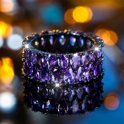 Elegant Crystal Zircon Stone Engagement Ring in Vintage Black Gold with Water Drop Design - 8 (Purple)