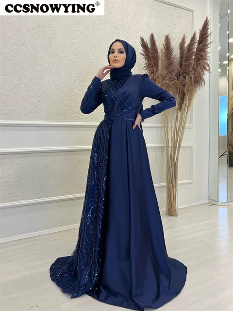Robe de soirée à manches longues pour femmes musulmanes, appliques en  satin, hijab islamique, robe de soirée formelle, robe de Rh, col haut, 123  - AliExpress