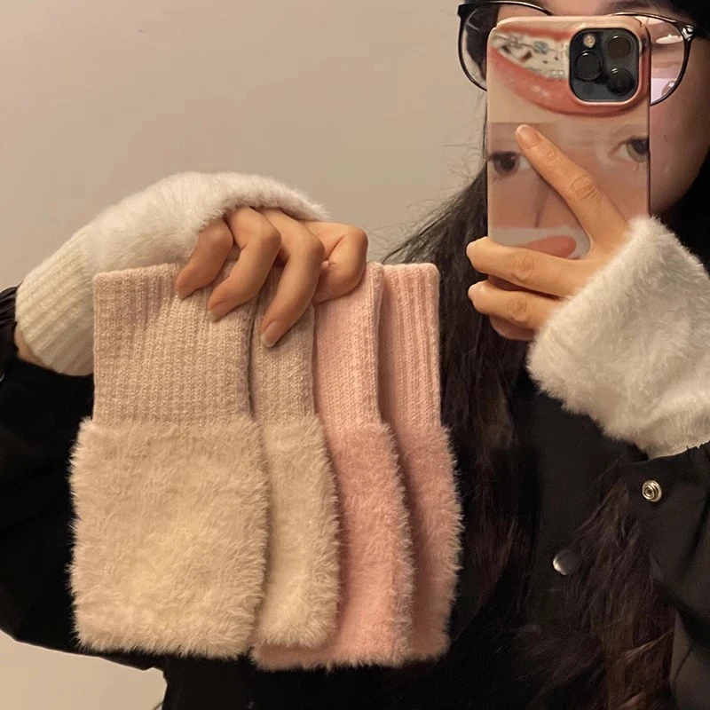 Korean Women's Mink Fleece Soft Half Finger Gloves Thickened Luxury Solid Plush Knitted Fingerless Glove Wrist Mittens Writting