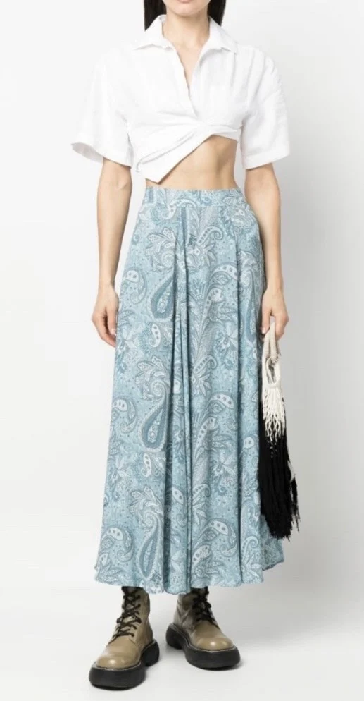 

Women Midi Skirt Paisley Printed Pleated High Waist Jupes 100% Viscose Vintage