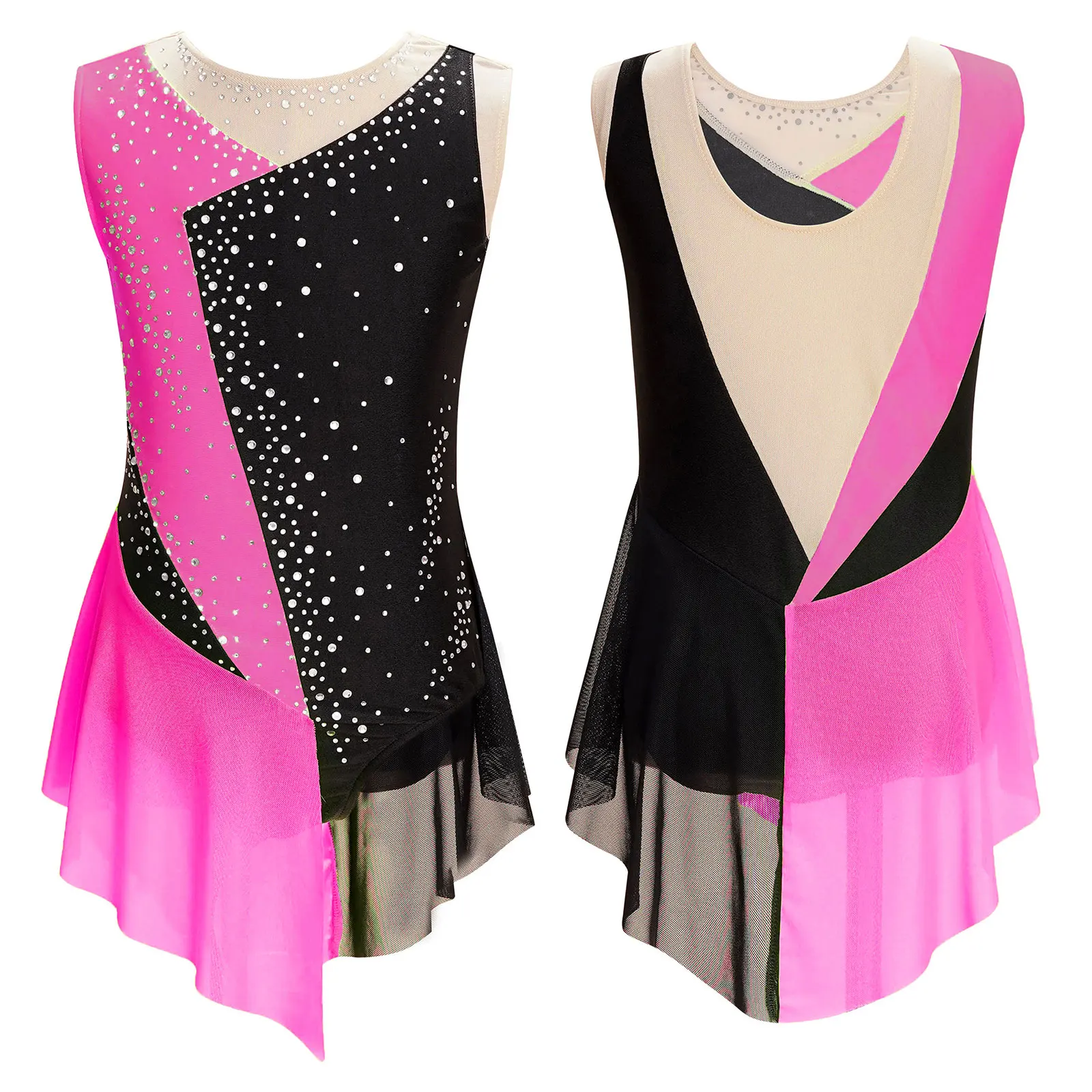 Disfraz de gimnasia y patinaje artístico para chico y niña, Jersey de Ballet con diamantes de imitación brillantes, tutú de bailarina de malla transparente, mono ajustado