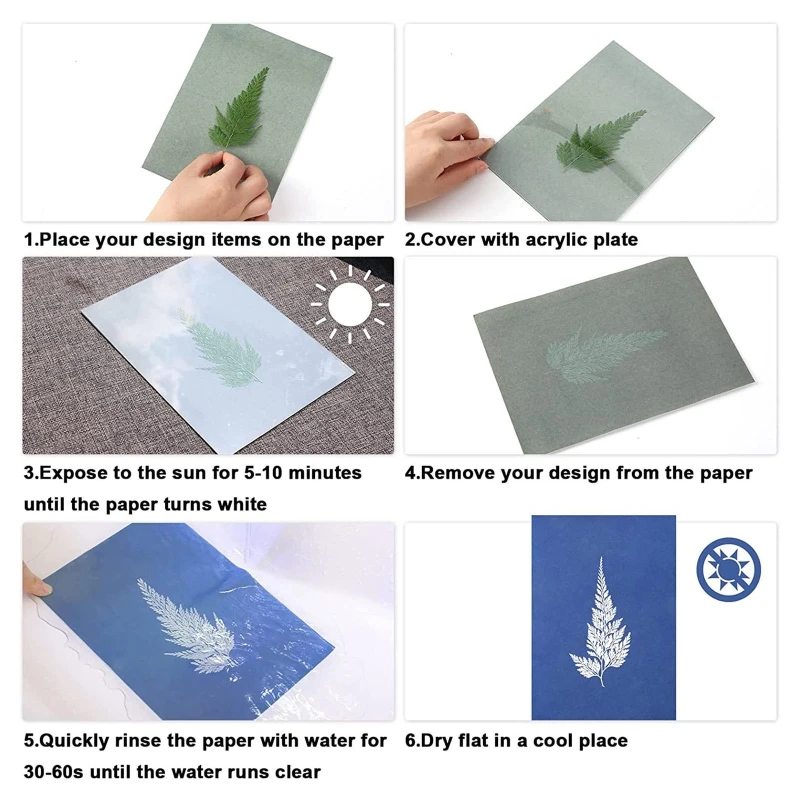 Sun Print Paper Kit Cyanotype Paper A5 Solar Drawing Art Paper Nature Printing Sun Paper for Kids Adults Arts DIY Crafts