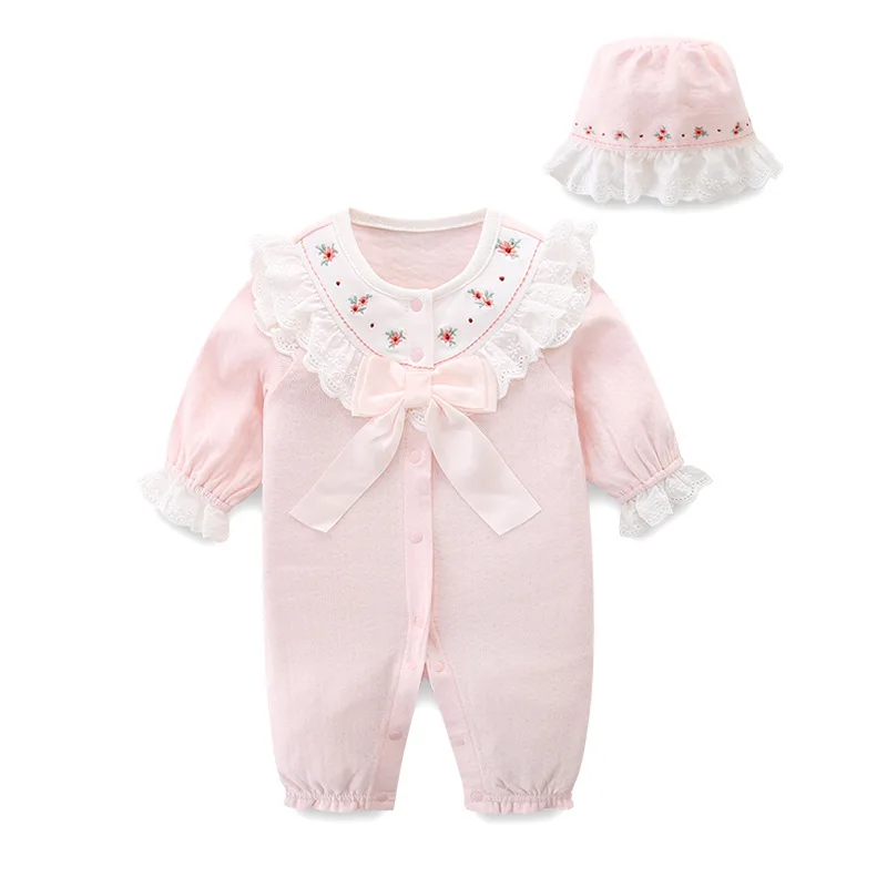 Infant Baby Girls Jumpsuit+Hat Embroidery Lace Stitching Cotton Long Sleeve Toddler Baby Girl Romper Spring Autumn Baby Clothes