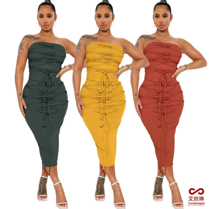

Korean Clothes Women Dreess Beach Outfits For Dress Sexy Pit Bind Strapless Suit With Two Piece Solid Spandex Casual 2023 Verano